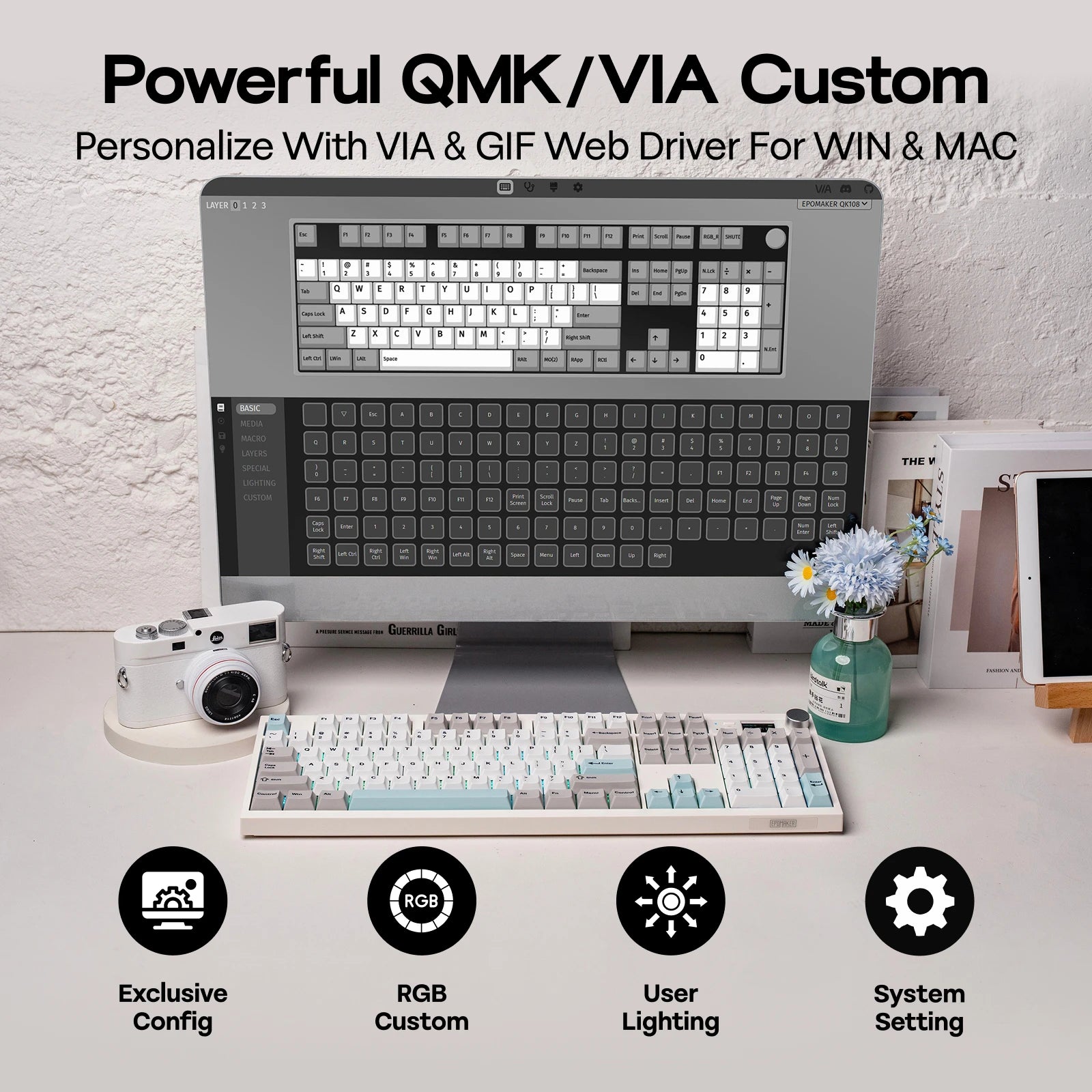 EPOMAKER QK108 QMK/VIA Full-Sized ANSI US Layout Hot-Swap Wired/Bluetooth/2.4Ghz Wireless Mechanical Keyboard with Screen & Knob