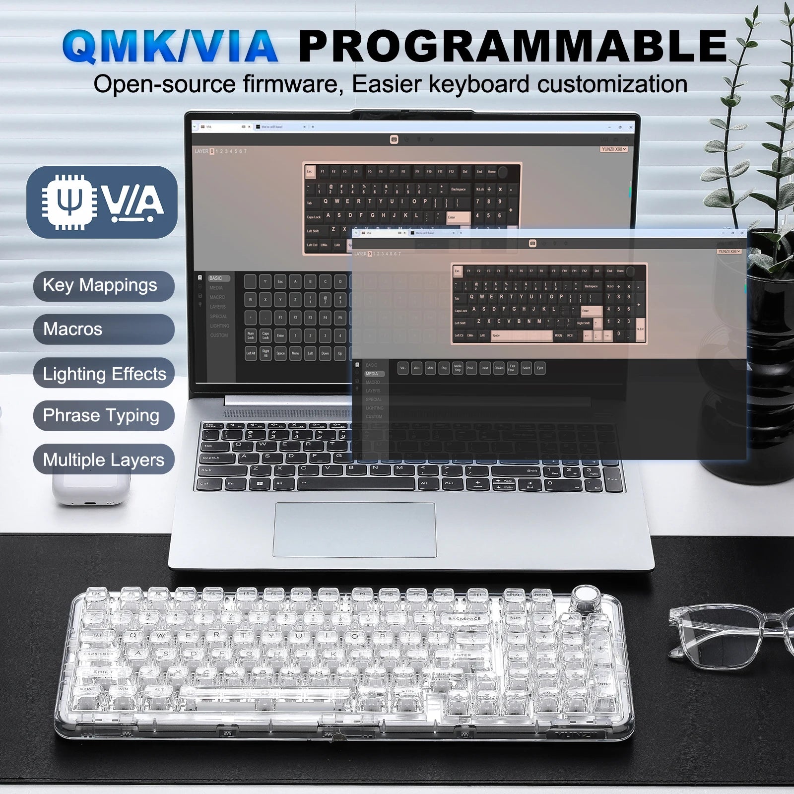 YUNZII X98 White Transparent Mechanical Gaming Keyboard, Wireles Custom QMK/VIA RGB Keyboard with Knob, Gasket Mount for Win/Mac