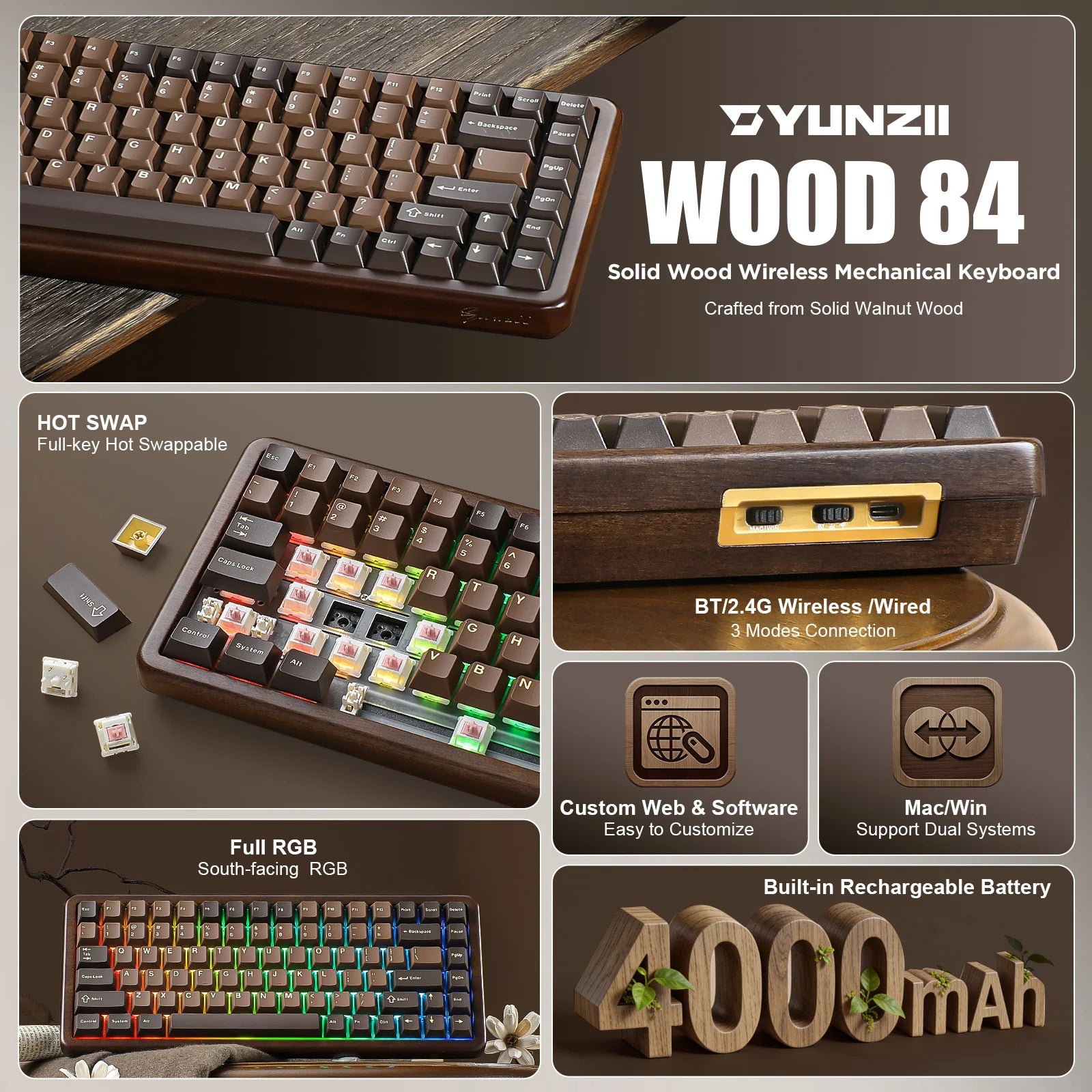 YUNZII WOOD84 Wireless Mechanical Keyboard, 75% Walnut RGB Backlit Wooden Keyboard, Tray Mount Hot-swap PBT Keycaps for Mac/Win